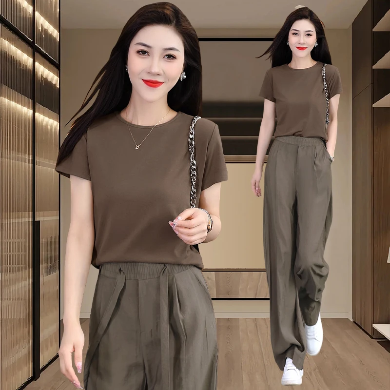 洋气休闲装时尚减龄上衣直筒阔腿裤两件套女2025夏季气质显瘦套装