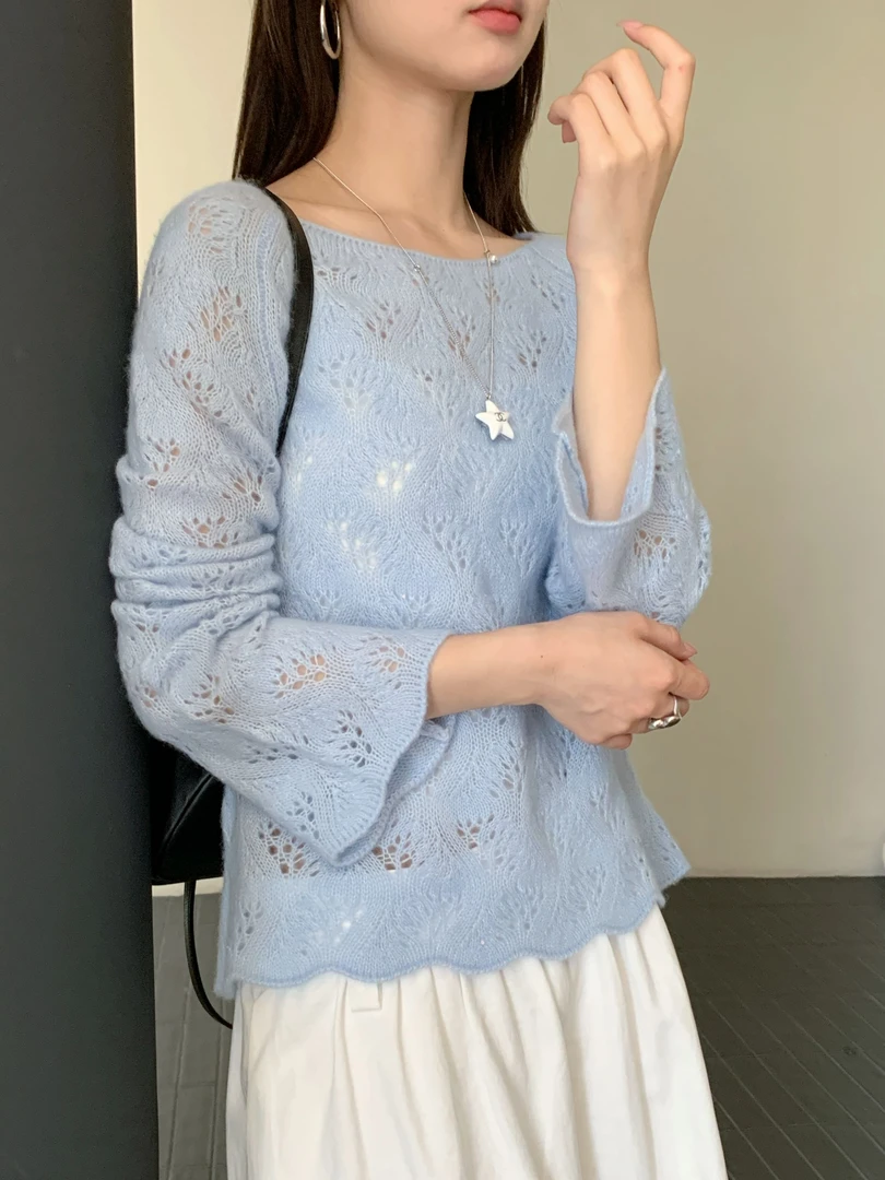 【素简.970181】秋冬新款驼羊绒挑洞喇叭袖设计女装针织衫