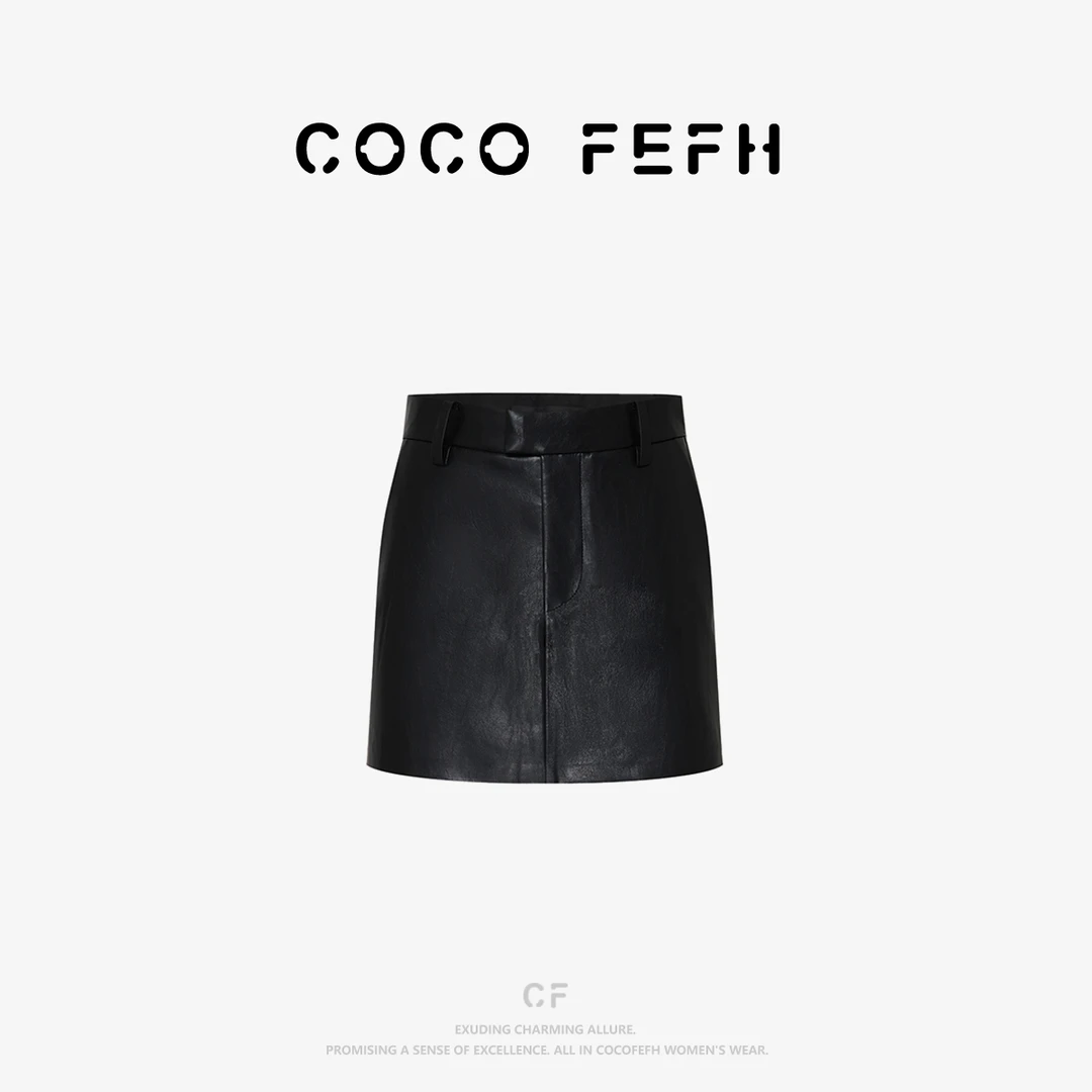 COCO FEFH【短裤】秋新品纯色染整素皮高腰A字短裤裙裤Z7596