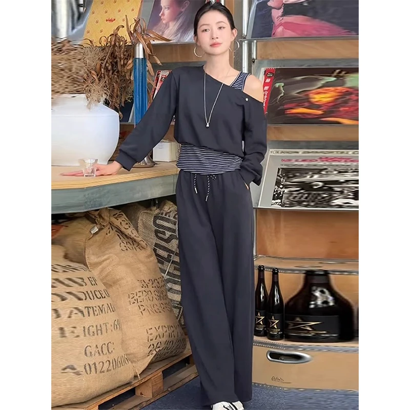 拉夏贝尔休闲运动套装女2025春秋季新款宽松露肩卫衣阔腿裤两件套