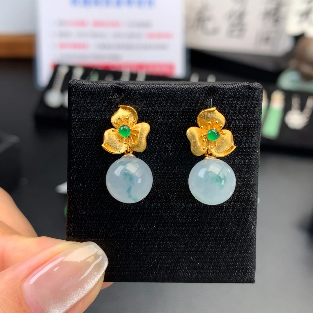 翡翠未镶嵌耳饰冰飘花耳坠（实价8800）