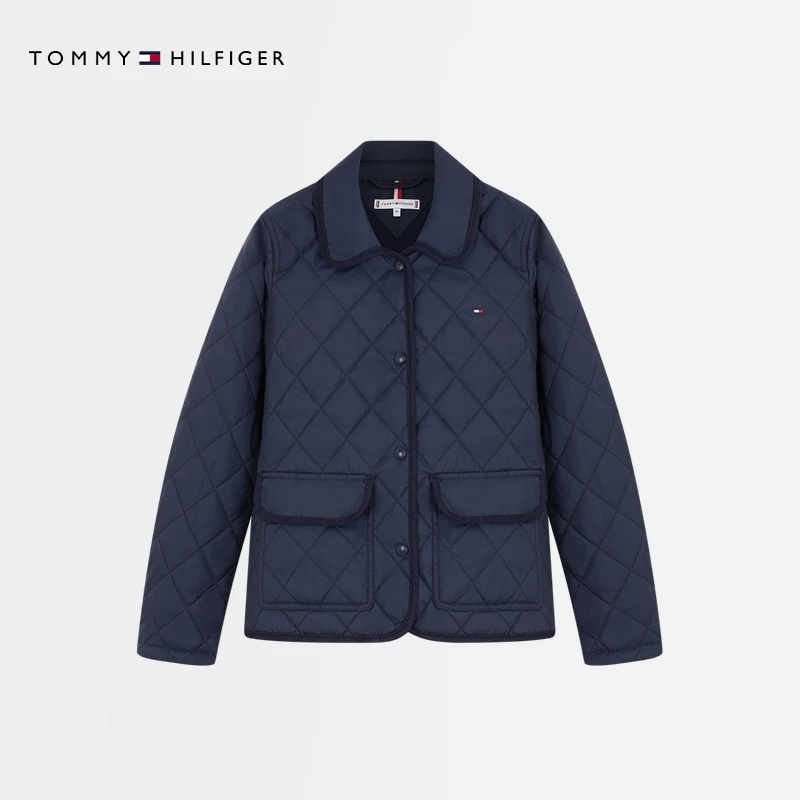 Tommy25新款秋冬女装休闲通勤复古菱格绗缝轻薄翻领棉服外套47406
