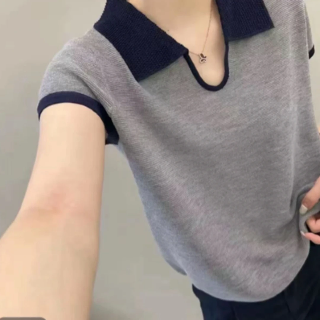 法式polo领撞色针织短袖上衣女2025夏季时尚设计感小众别致短款