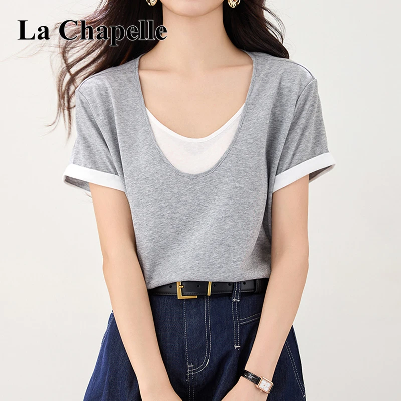 拉夏贝尔短袖T恤miu系假两件V领正肩女新款夏季韩系撞色针织上衣