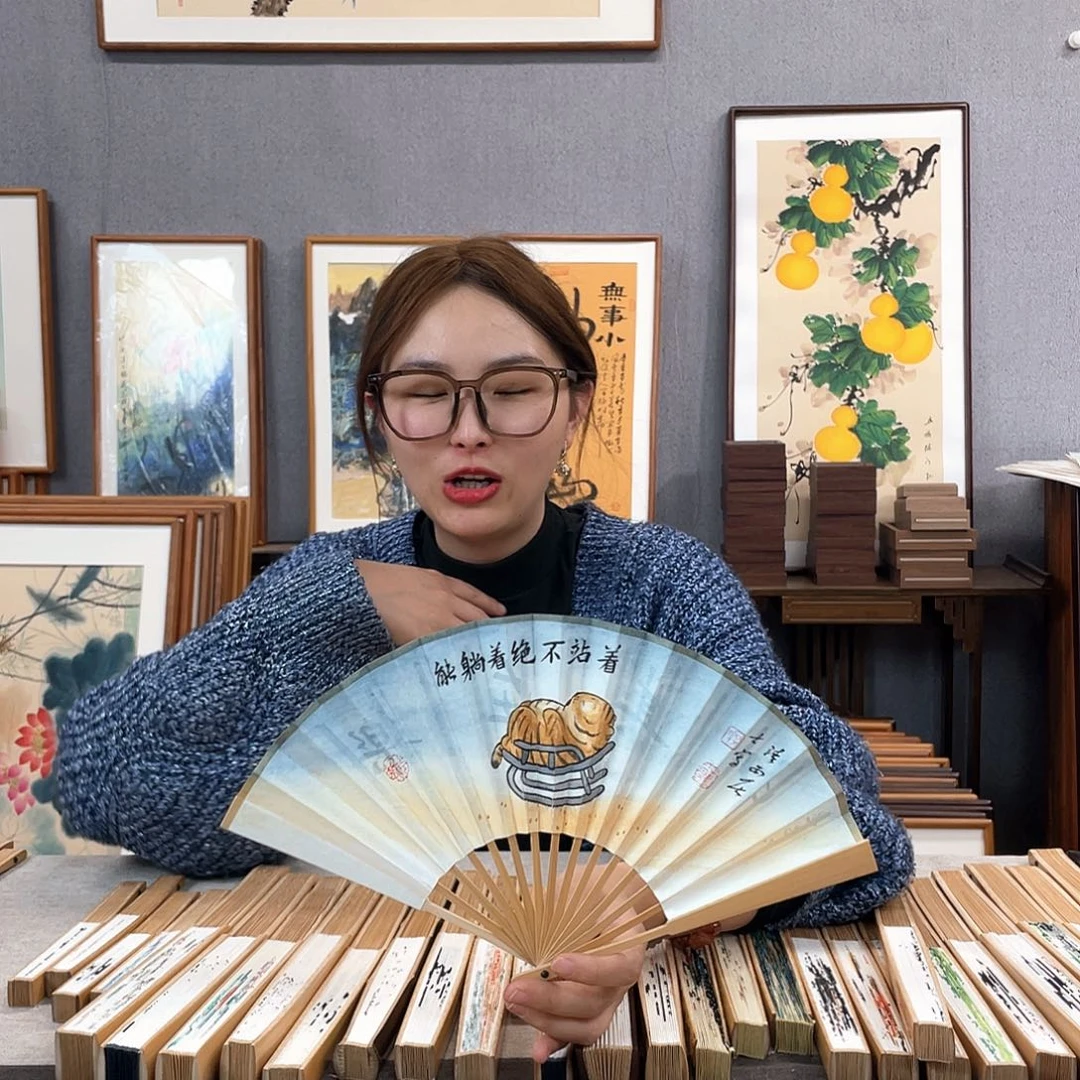 国画6寸玉竹-纯手绘-文玩扇骨（默认粘好）