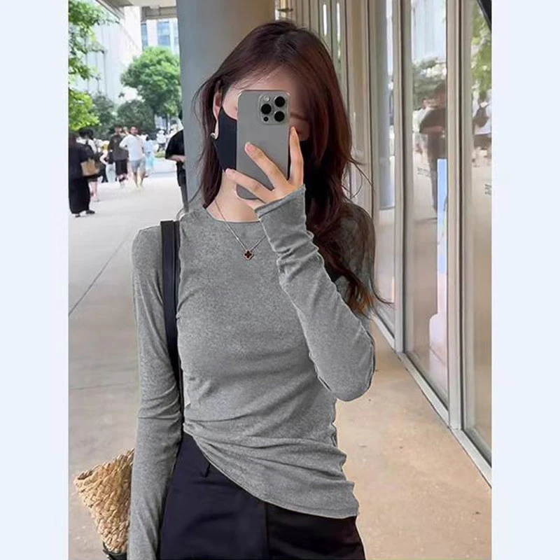 2025新款早秋正肩修身内搭显瘦T恤纯色长袖打底衫女韩版圆领上衣