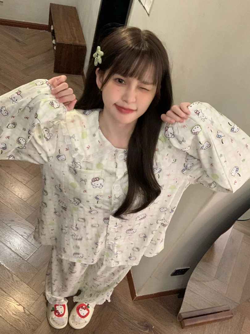 韩系苹果kitty娃娃领睡衣女德绒秋冬保暖长袖可爱家居服套装外穿