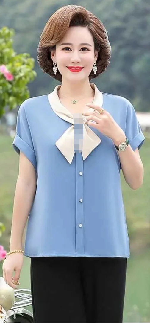 K010中年妈妈夏装洋气雪纺衫2025新款中老年女装夏季上衣短袖恤
