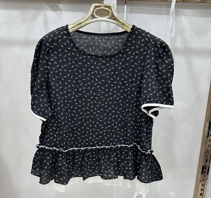 夏新款韩版时尚宽松显瘦百搭碎花百褶娃娃小衫上衣