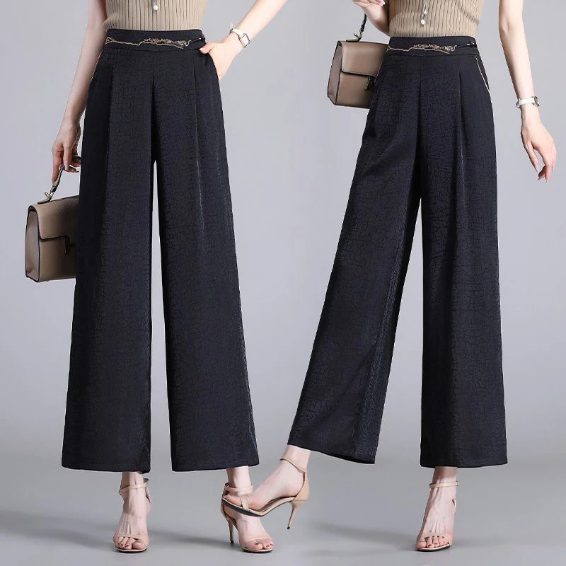 桑蚕丝阔腿裤龟裂纹女裤高档宽松遮肉休闲裤显瘦中老年妈妈女裤薄