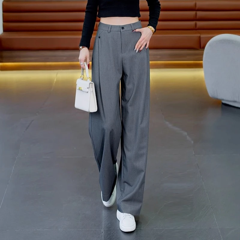 灰色阔腿裤女春秋季2025今年新款高腰宽松窄版直筒裤休闲西装裤子