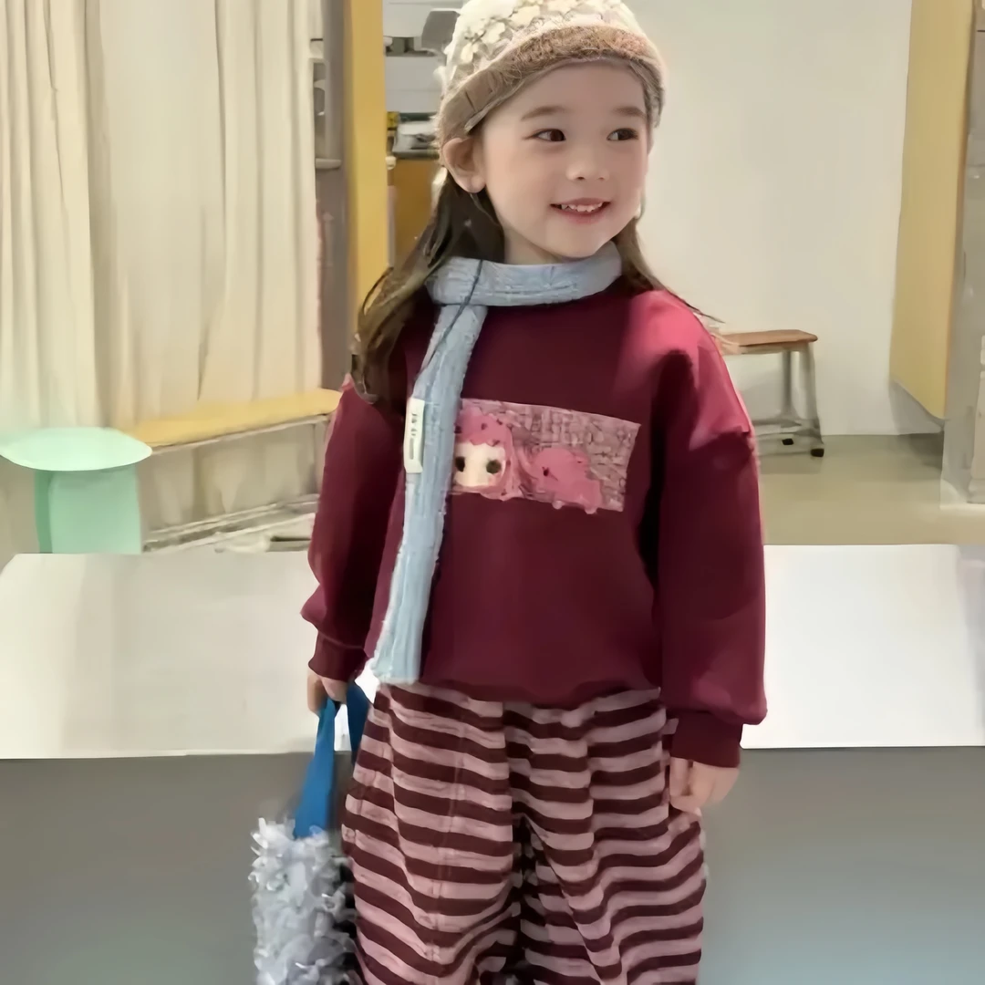 女童秋冬加绒套头卫衣套装女宝冬季加厚上衣裤子两件套儿童装0090
