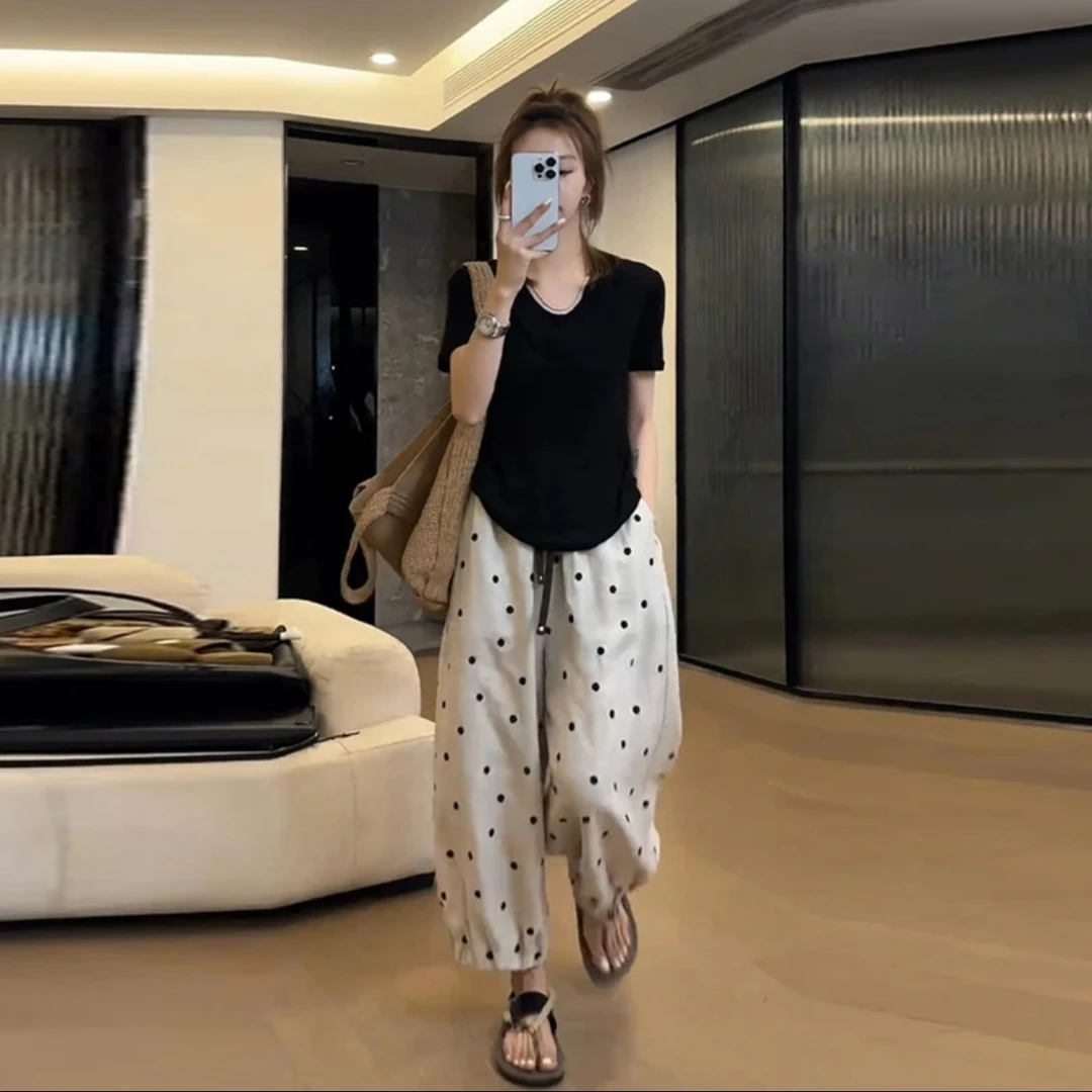 韩版波点休闲麻料裤女2025夏季高腰显瘦百搭九分哈伦奶奶裤