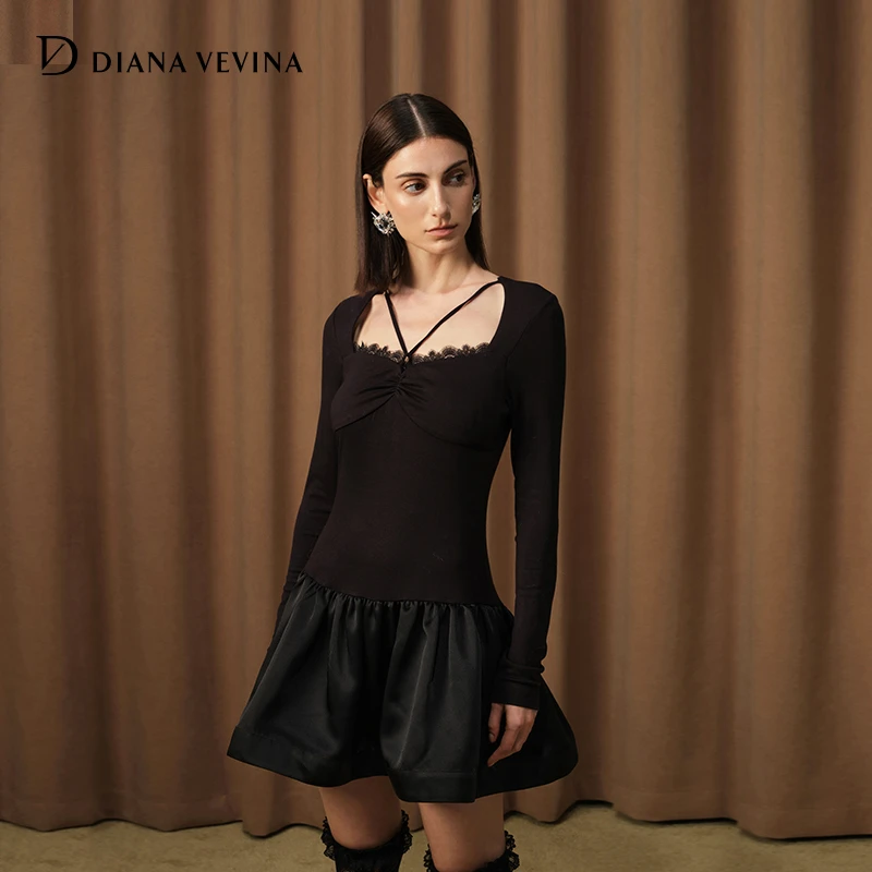 DIANA VEVINA冬新款黑色打底修身有弹性方领短款连衣裙