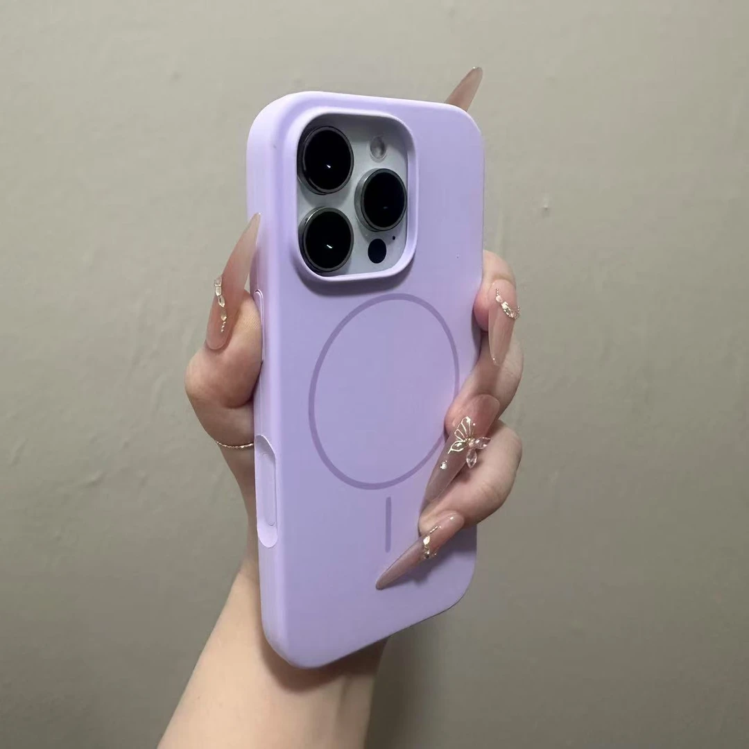 适用苹果16promax的纯色电容按键液态硅胶磁吸手机壳全包紫色