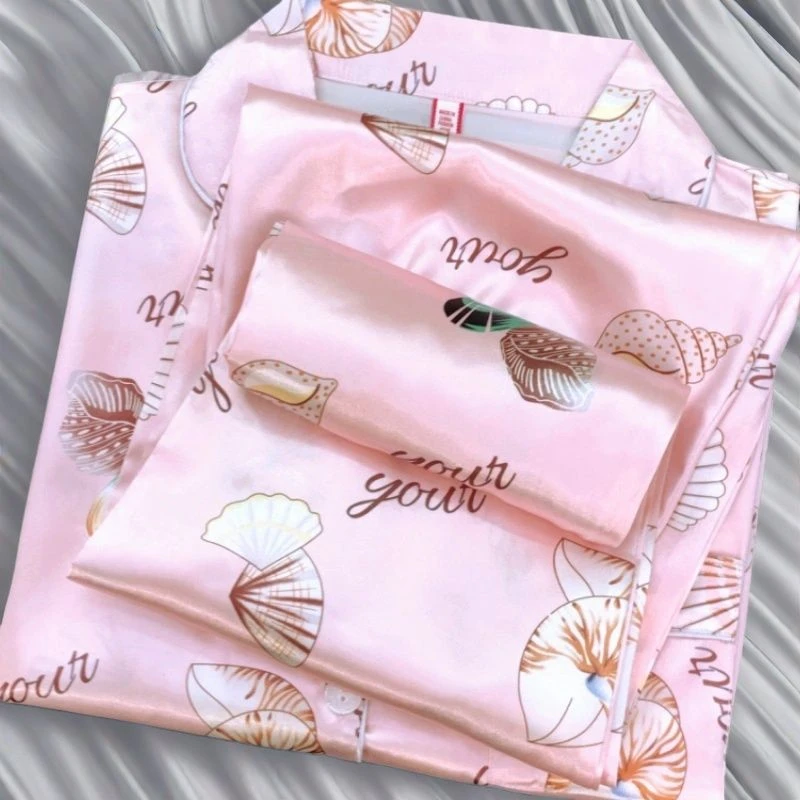 2025爆款粉贝壳冰丝睡衣女夏季薄款短袖长裤套装春秋款长袖家居服