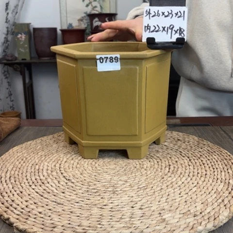 紫砂花盆大号青段泥奎面六方0789