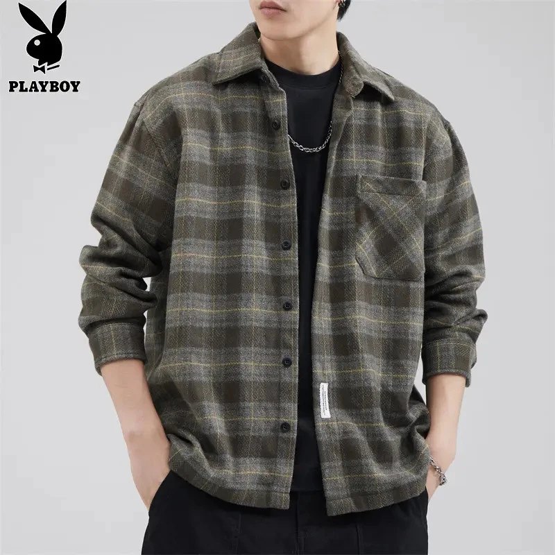 花花公子男士衬衫秋季新款宽松翻领休闲长袖衬衣潮牌百搭上衣服男