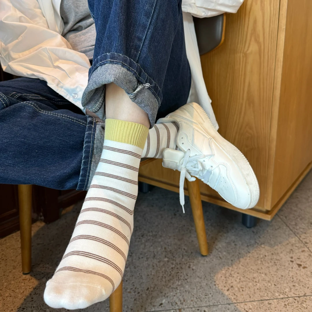 椒子日系条纹拼色中筒袜2025新款精梳棉吸汗女生堆堆袜秋季森系