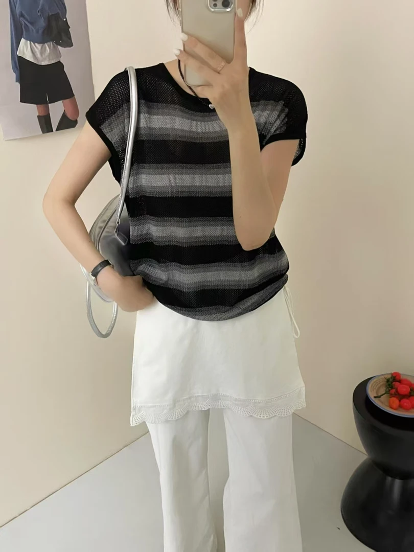 #159【涵宇】2025夏季新款女装时尚短袖简约条纹提花抽绳百搭针织衫