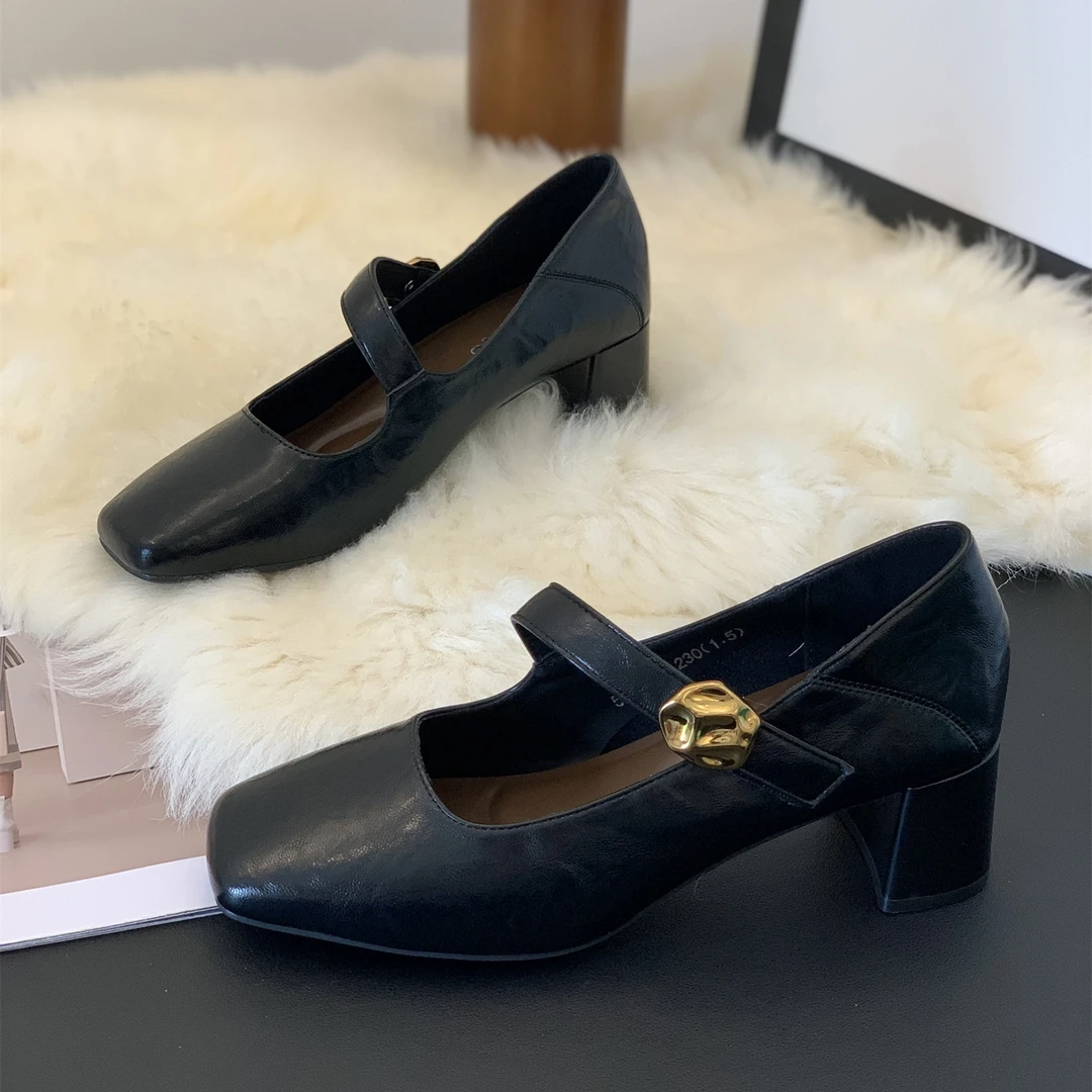 粗跟魔术贴单鞋女2025年秋季新款浅口复古方头玛丽珍鞋简约小皮鞋