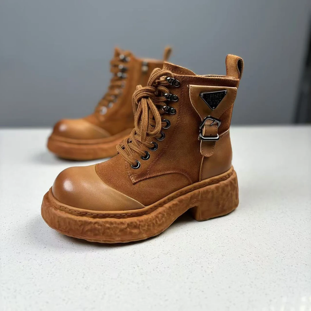 马丁靴防水台系带粗跟复古休闲女靴冬季高帮靴子潮流加绒25713-2