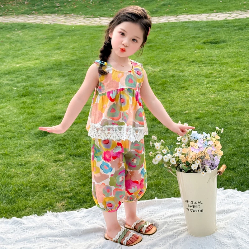 女童碎花无袖套装洋气夏季2025新款女宝宝防蚊裤两件套小女孩时髦