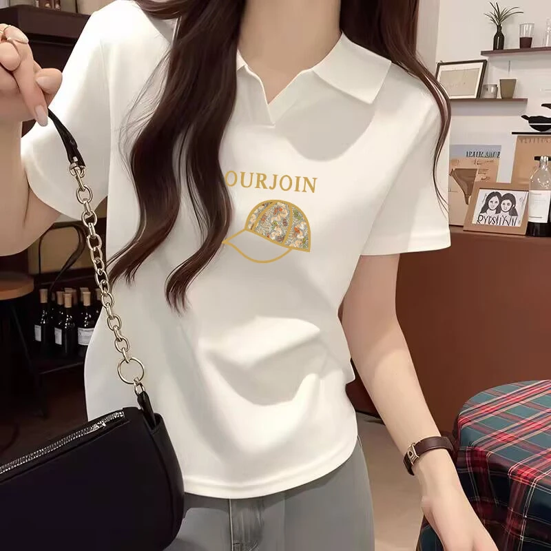 洋气欧货白色POLO领夏季新款短袖显瘦打底衫短款t恤女修身上衣潮