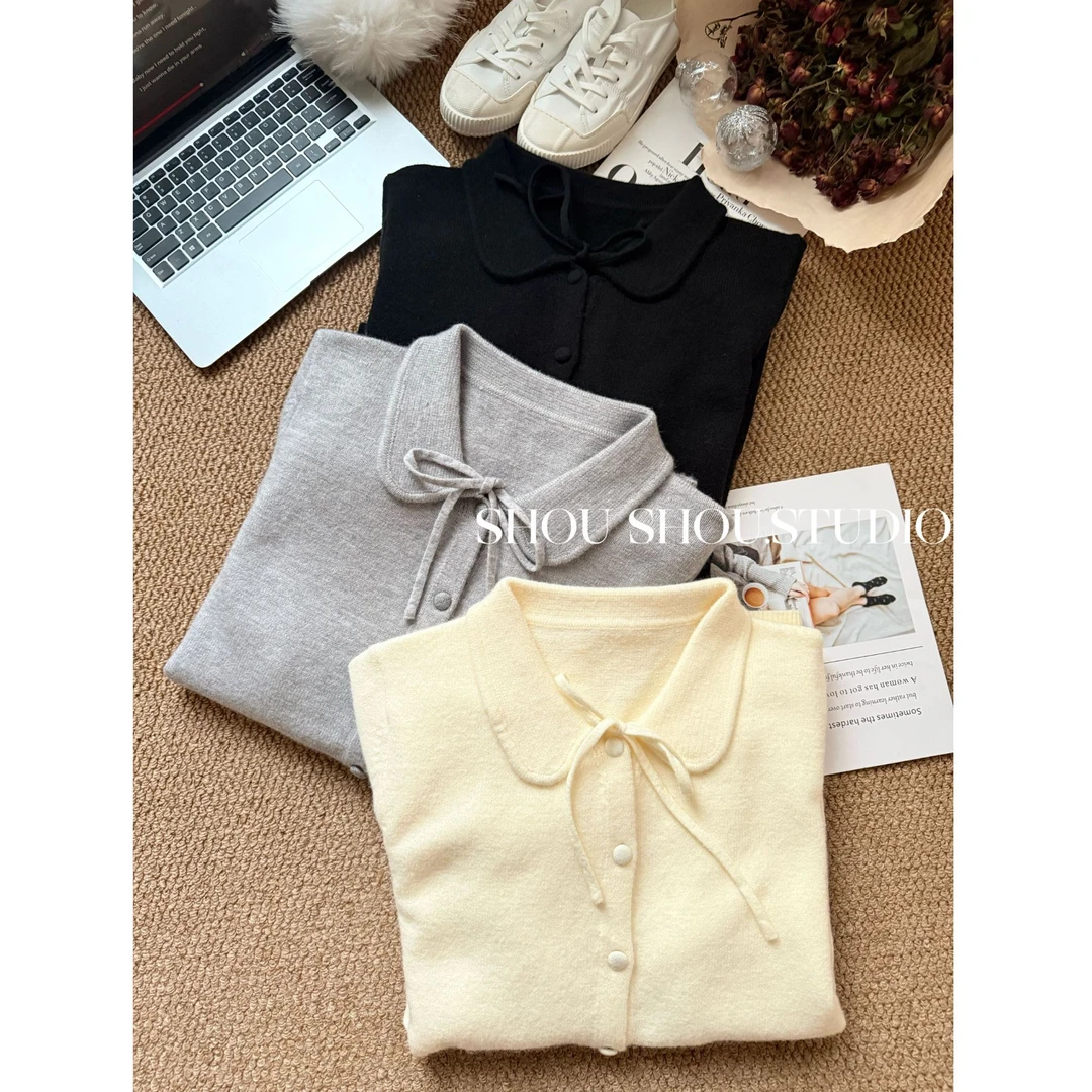 【菲菲】大码娃娃领抽绳绑带蝴蝶结甜美百搭显瘦开衫毛衣S02366