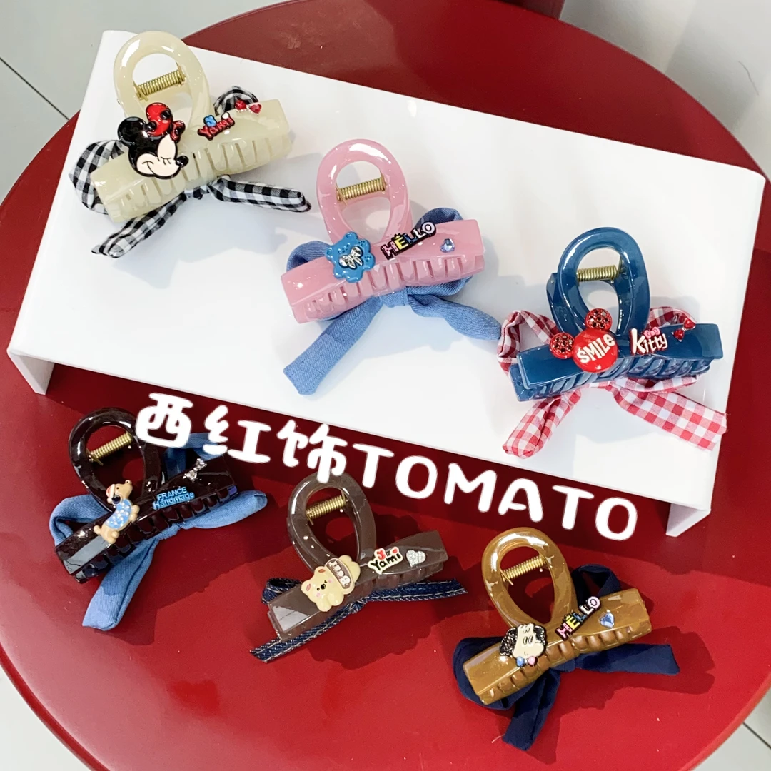 西红饰TOMATO韩国东大门可爱卡通手工立体蝴蝶结双弹簧8CM抓夹