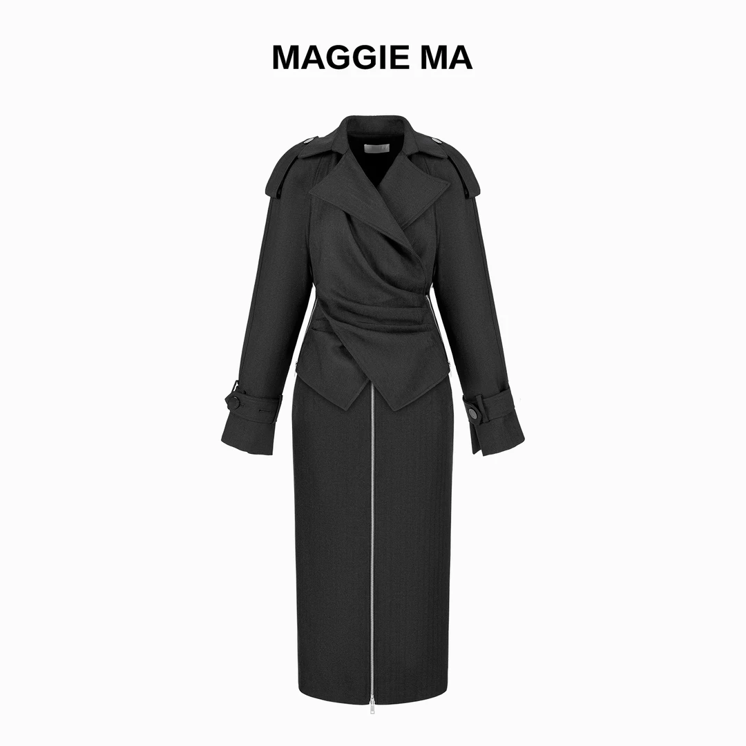 MAGGIE MA马婧设计师款高级感气质黑色收腰风衣式套装490C/491B