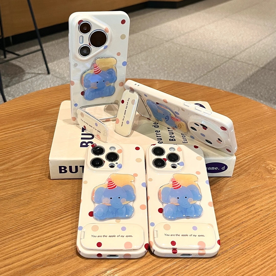 雅天立彩色波点小象适用苹果17华为70vivo小米15支架手机壳oppo套