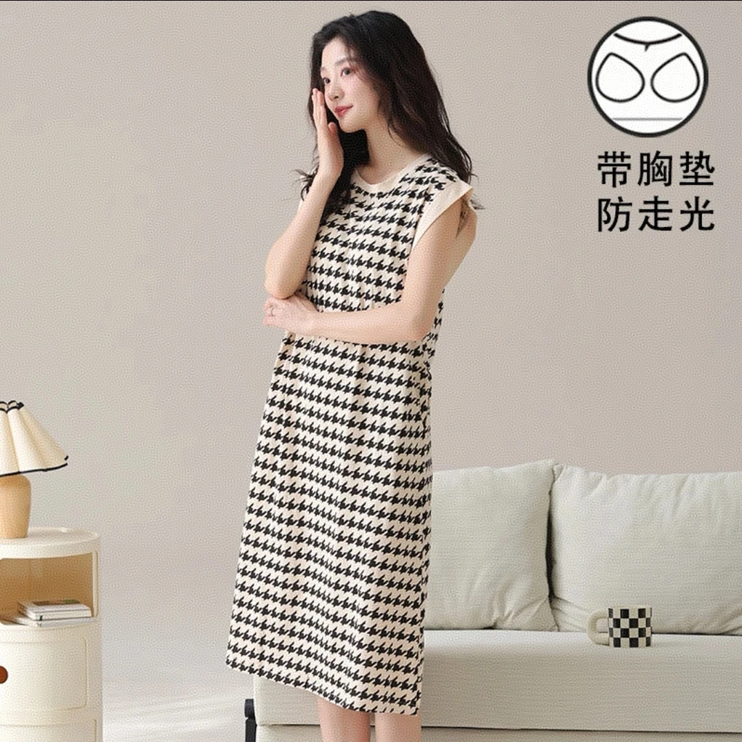 夏季带胸垫睡裙女纯棉背心连衣裙千鸟格休闲家居睡裙大码夏天长裙