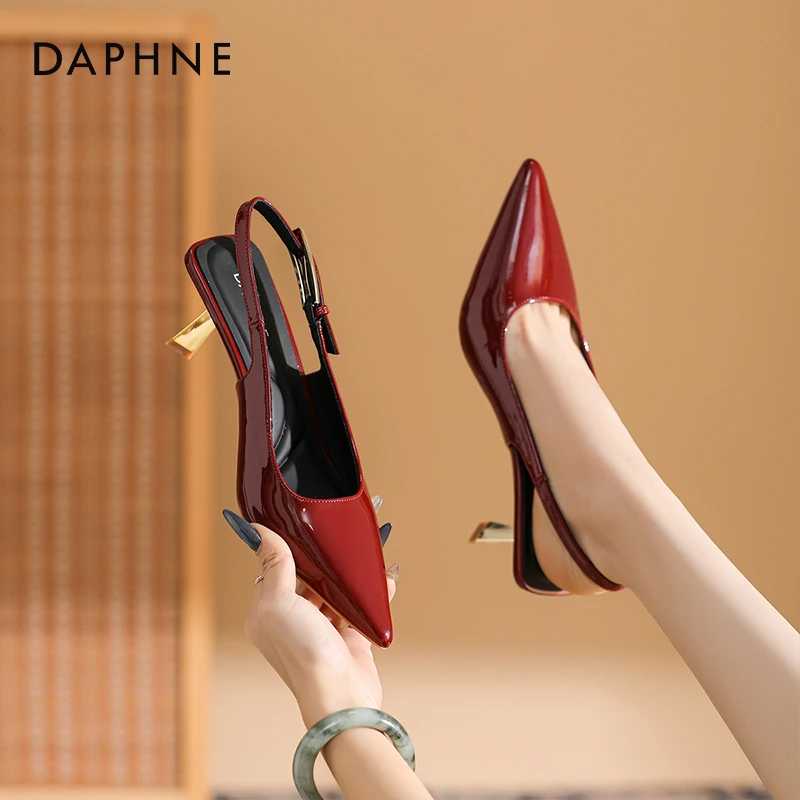 官方正品达芙妮包头凉鞋显高显瘦2025夏季新款法式红色高跟鞋潮流