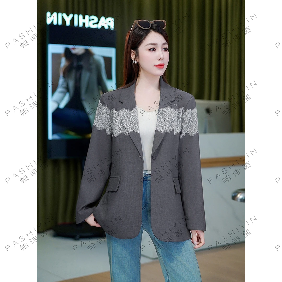 PASHIYIN/帕诗茵2025春季时尚小个子蕾丝设计感西装女外套#25117