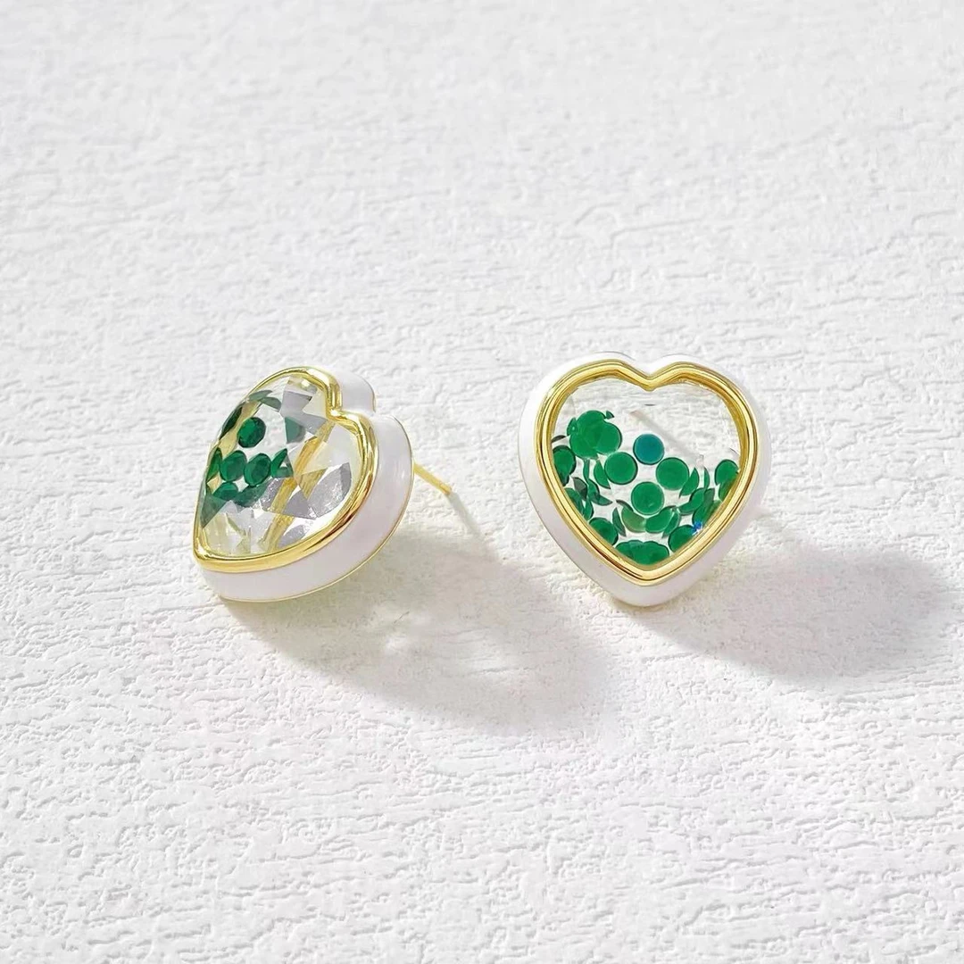 铜合金耳饰 木木（BO364） 精致透明桃心绿泡泡耳钉耳环
