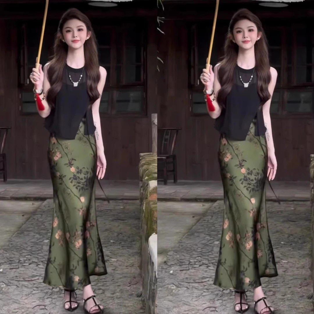 拉夏贝尔巨好看的夏装一整套新中式国风无袖上衣印花半身裙两件套