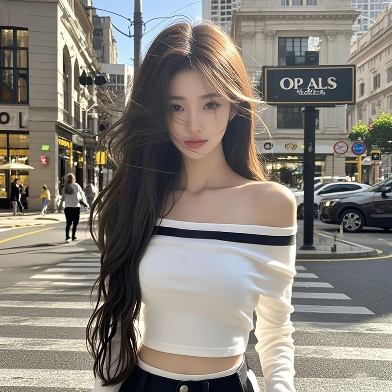 纯欲白色一字肩长袖T恤秋冬外穿内搭打底辣妹别致显瘦短款小上衣