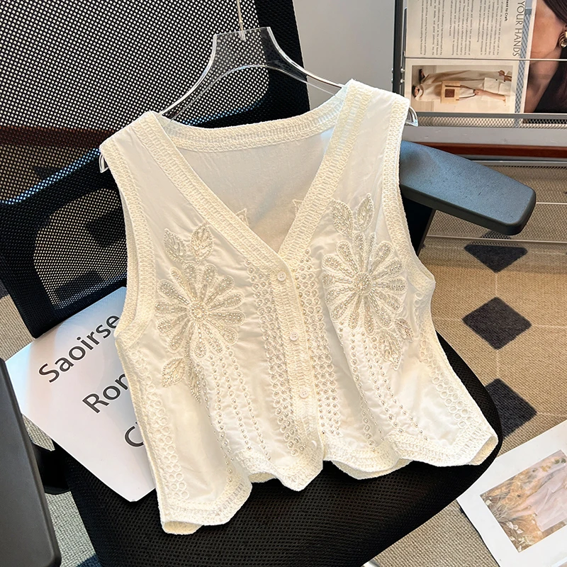 高端欧货重工亮片刺绣钉珠V领马甲女2025夏国风气质无袖背心上衣