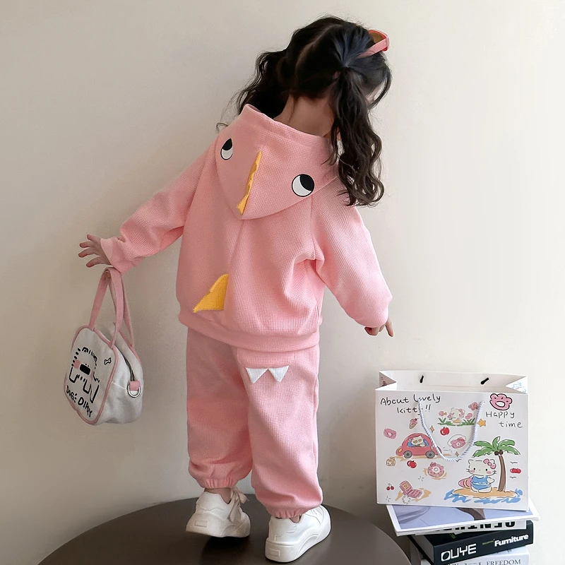 女童春装套装女宝连帽恐龙外套两件套2025新款韩版网红卫衣儿童装