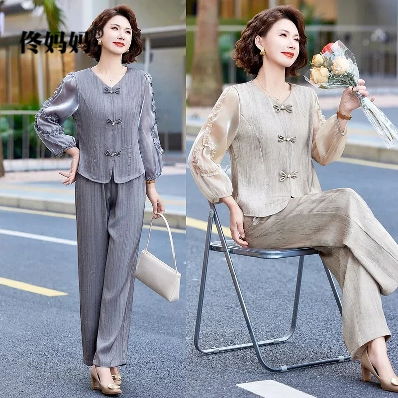 时尚套装中老年妈妈装2025夏季新款新中式盘扣减龄显瘦两件套