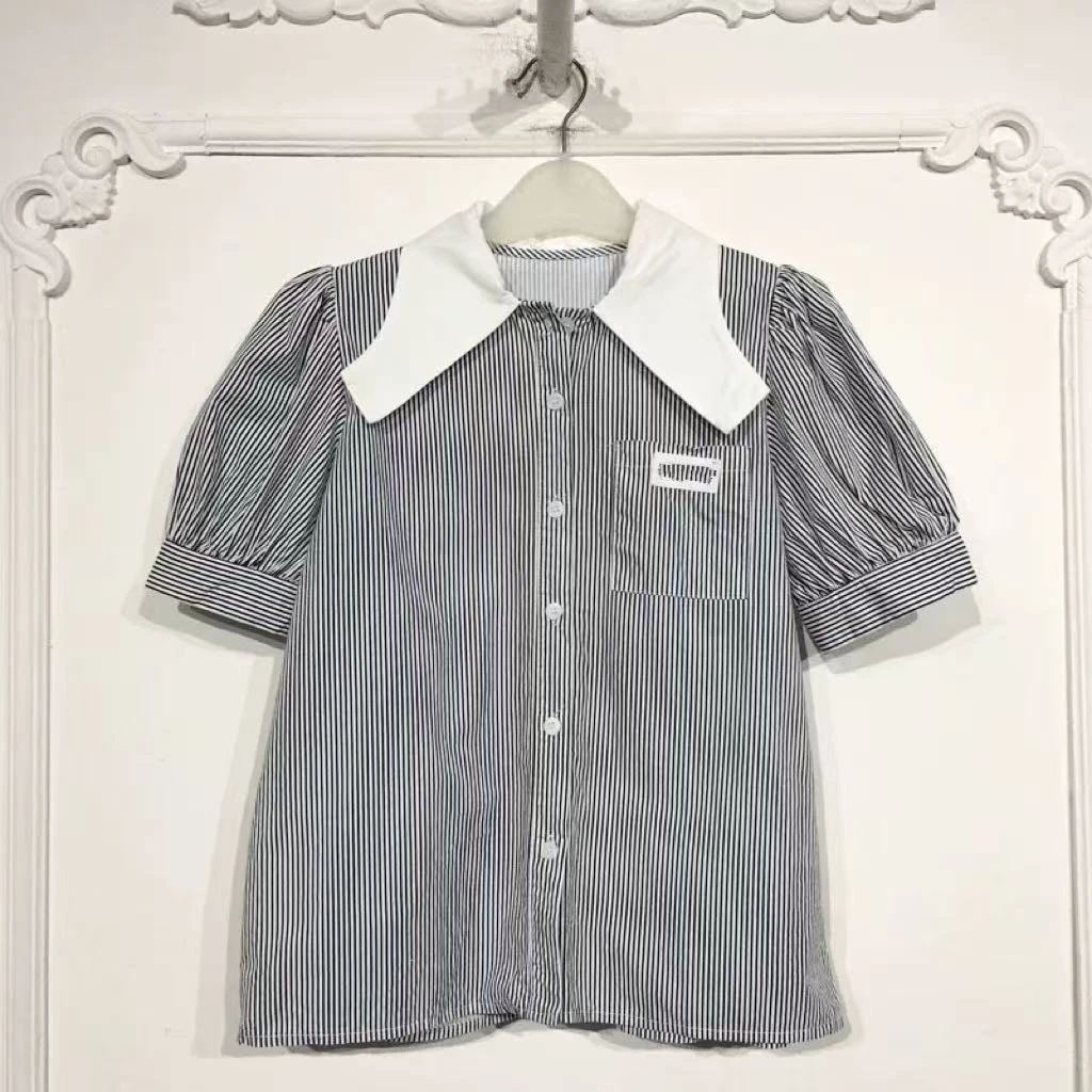 4013 GZF2法式高级感气质撞色娃娃领衬衫夏季复古条纹短袖上衣