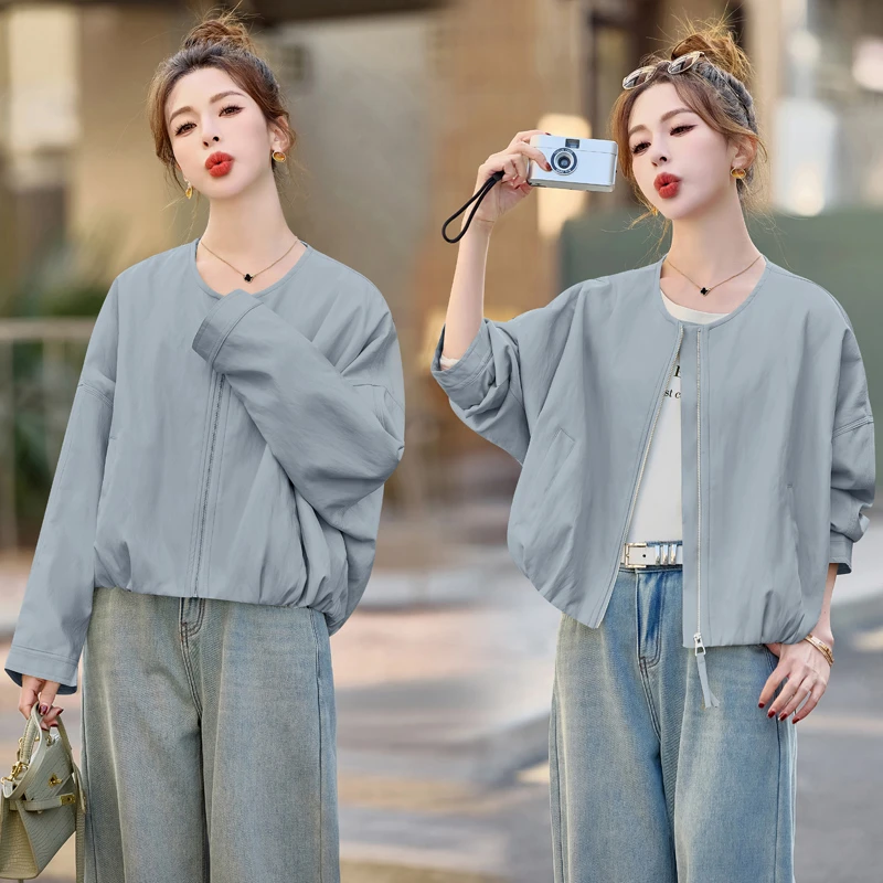 时尚圆领蛋白皮皮衣短外套女2025秋秋新款小个子洋气百搭休闲上衣