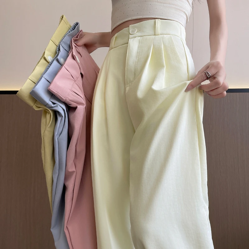 白色冰丝奶芙山本裤女2025夏季新款高腰休闲宽松阔腿裤垂感西装裤