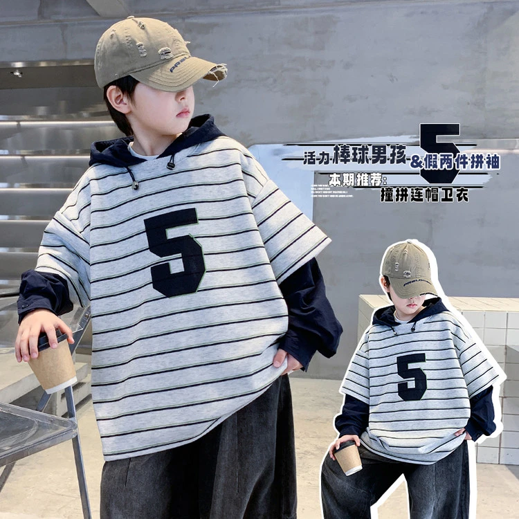 正品潮牌男童秋季连帽卫衣外套2025新款中大童男孩秋装假两件上衣