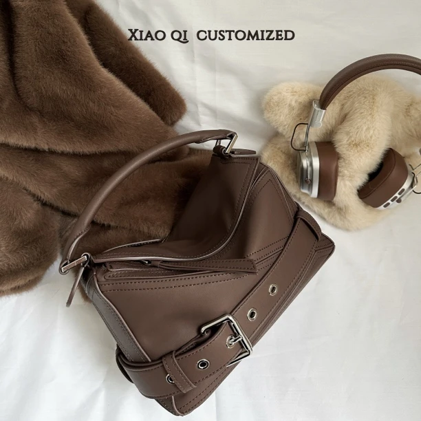 Xiao Qi头层牛皮几何拼接女包 个性时尚手提包小众高级感单肩斜挎