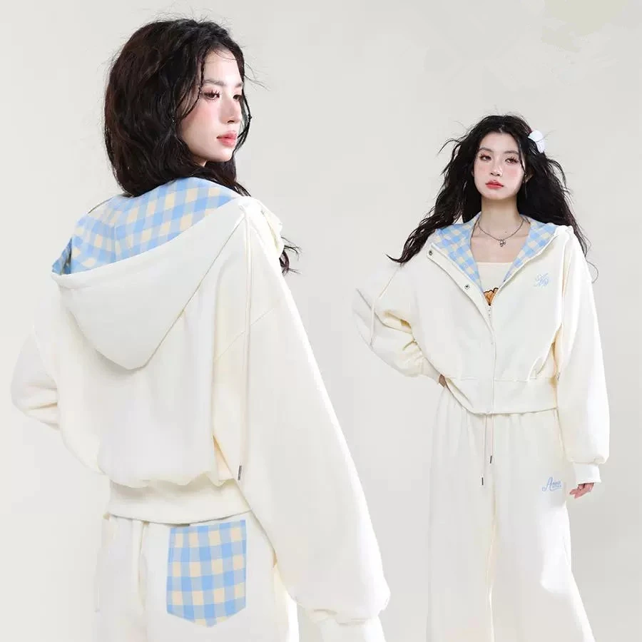 学院风运动服套装女春秋学生韩版宽松显瘦格子连帽运动衫休闲两件