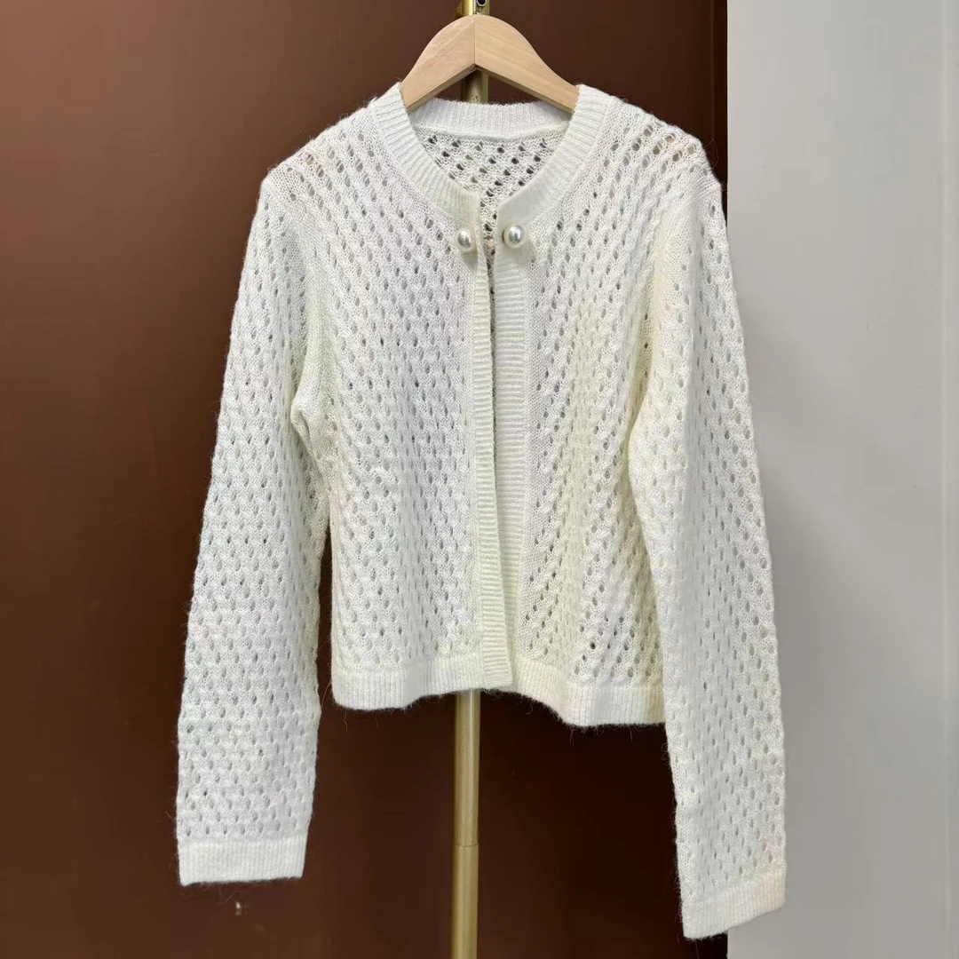 秋季新款圆领镂空针织开衫外搭外套女土星麻花羊毛开衫