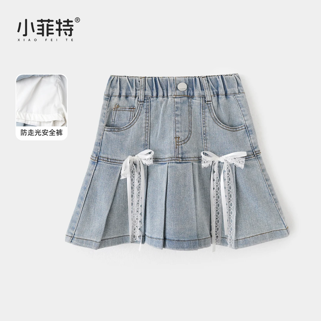 小菲特夏季新款女童蝴蝶结牛仔短裙女宝半身裙百褶裙子JMQX51699