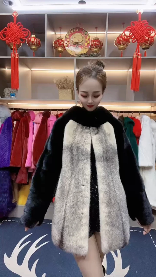 流星变奏曲 进口天鹅绒紫标水貂皮大衣立领中长款整貂小母貂皮草